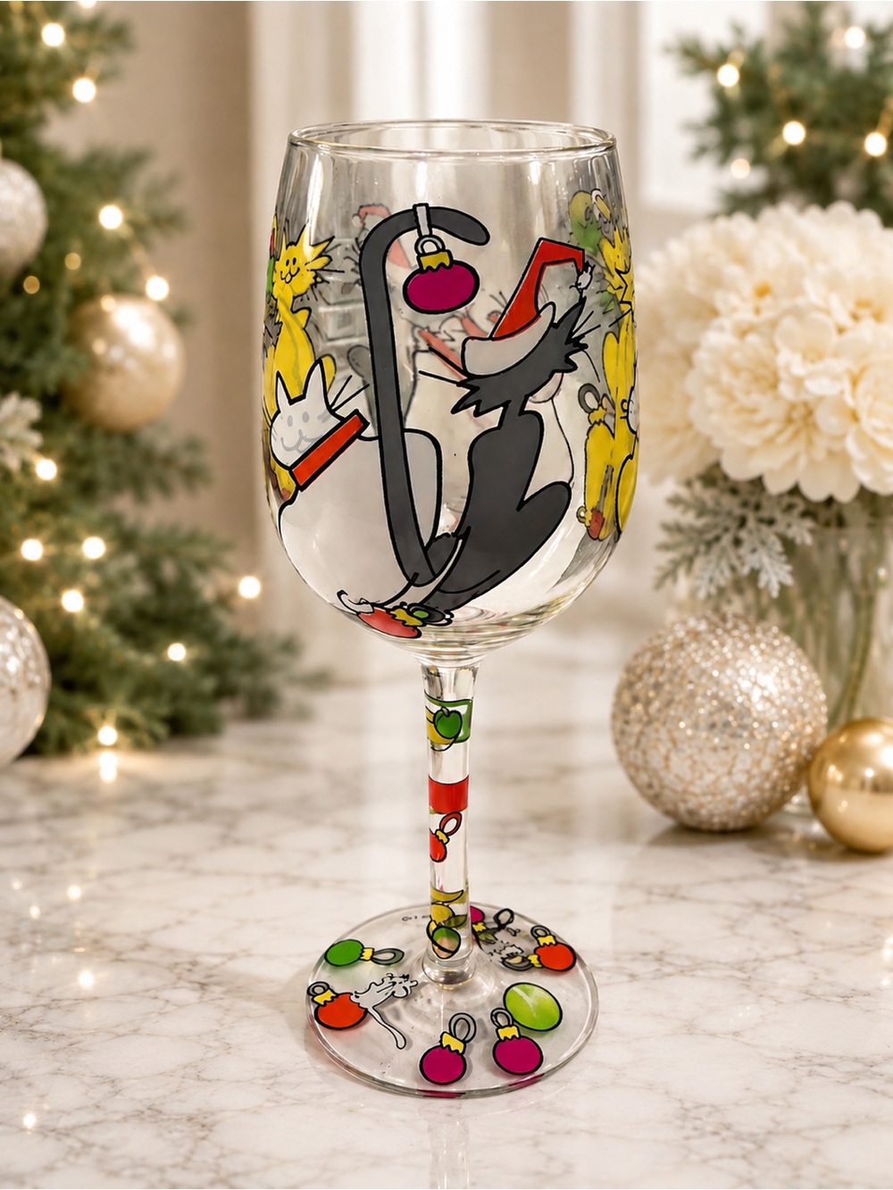 LuLu by 2 Saints Holiday Cat Hand Painted Wine Glass NWT
